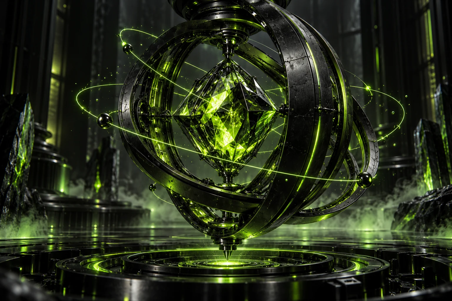 A luminous green quantum nucleus suspended in dark metallic orbital rings