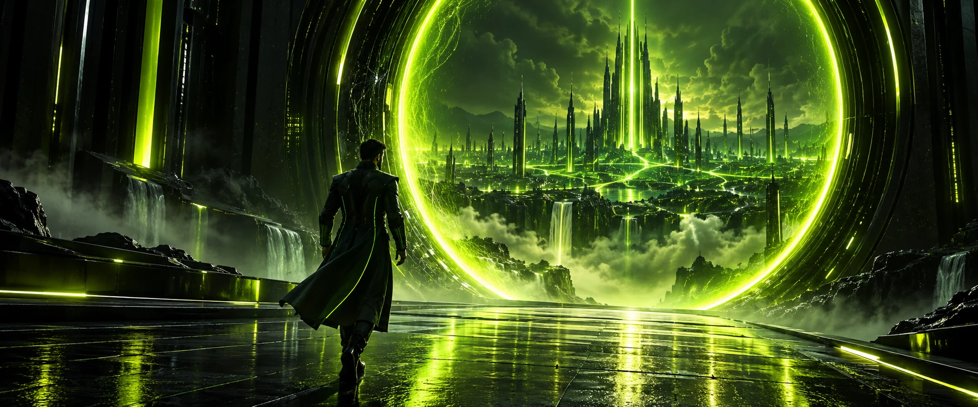 Vlad walking toward a luminous green quantum gateway and a connected future city